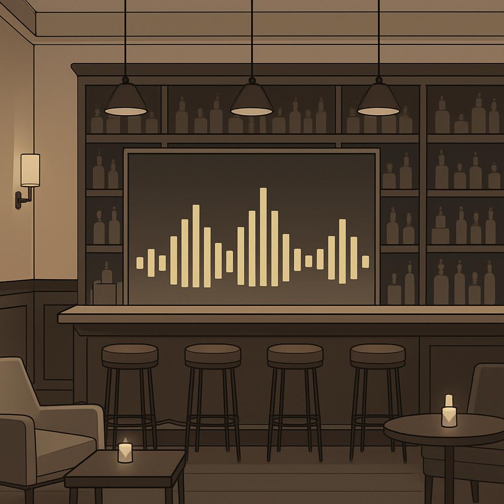 A dimly lit bar with stools, tables, and liquor shelves in the background, and a digital sound wave graph on the wall.