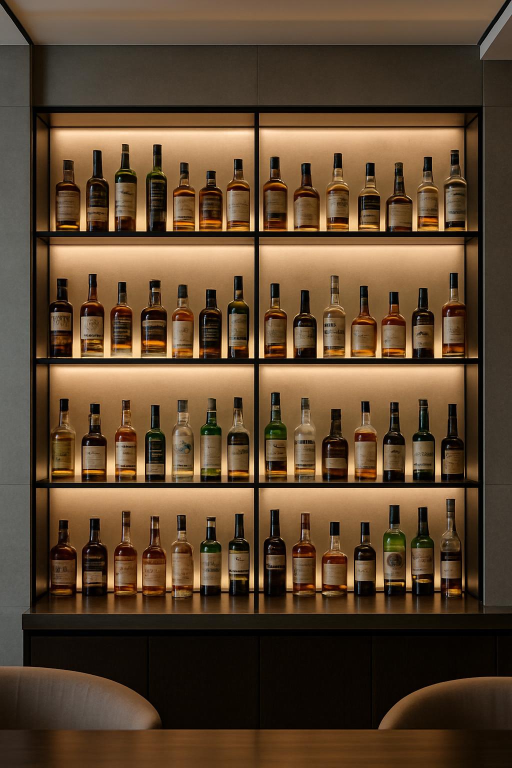 title A well-organized collection of 36 distinct whiskey bottles displayed on four shelves with warm LED lighting, arranged on a...