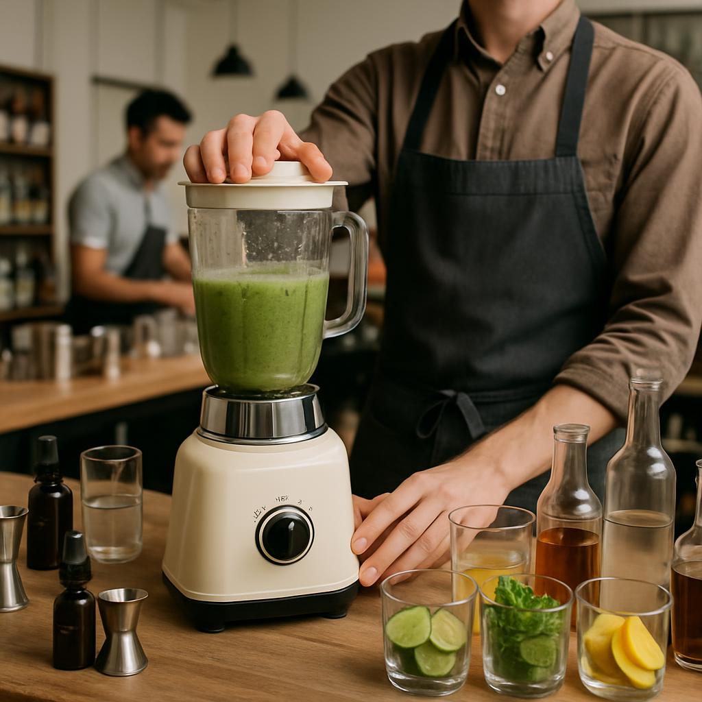 A man in a cafeteria-style kitchen stands behind a table displaying bartending tools, including a blender, an assortment o...