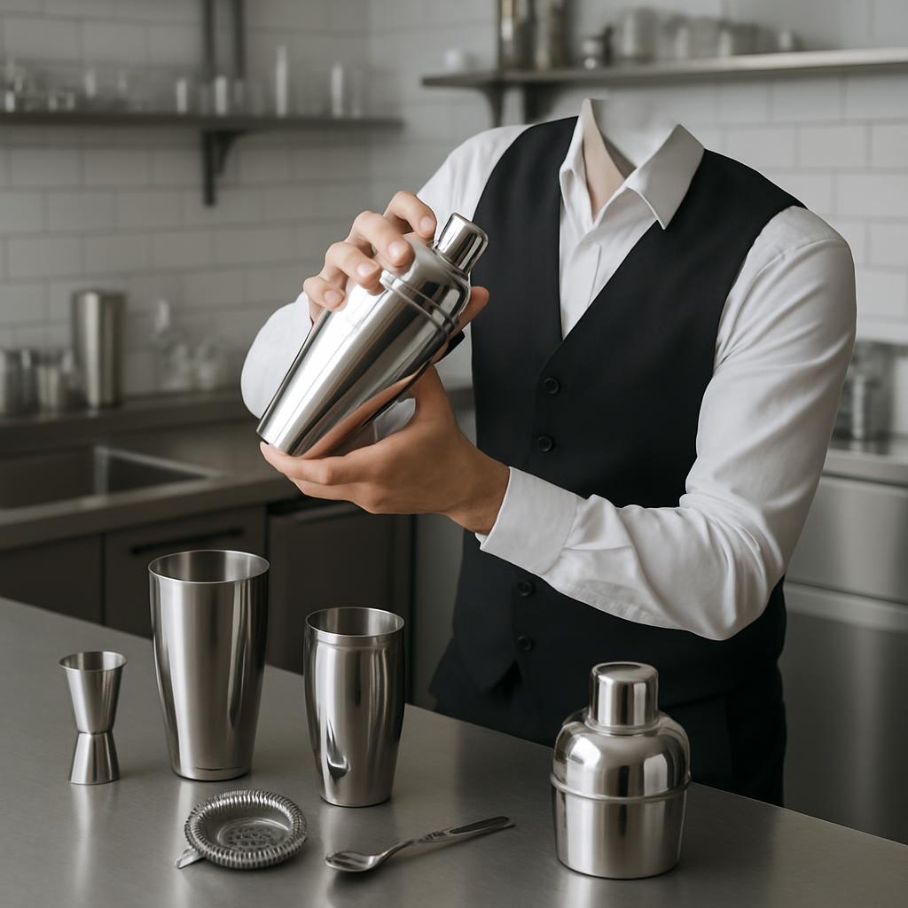 A bartender dressed in a white shirt and black vest is carefully shaking a cocktail in a stainless steel cocktail shaker. ...