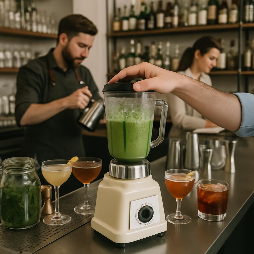 A man is at a bar with several alcoholic drinks and jars, possibly preparing a fresh cocktail or smoothie for a customer. ...
